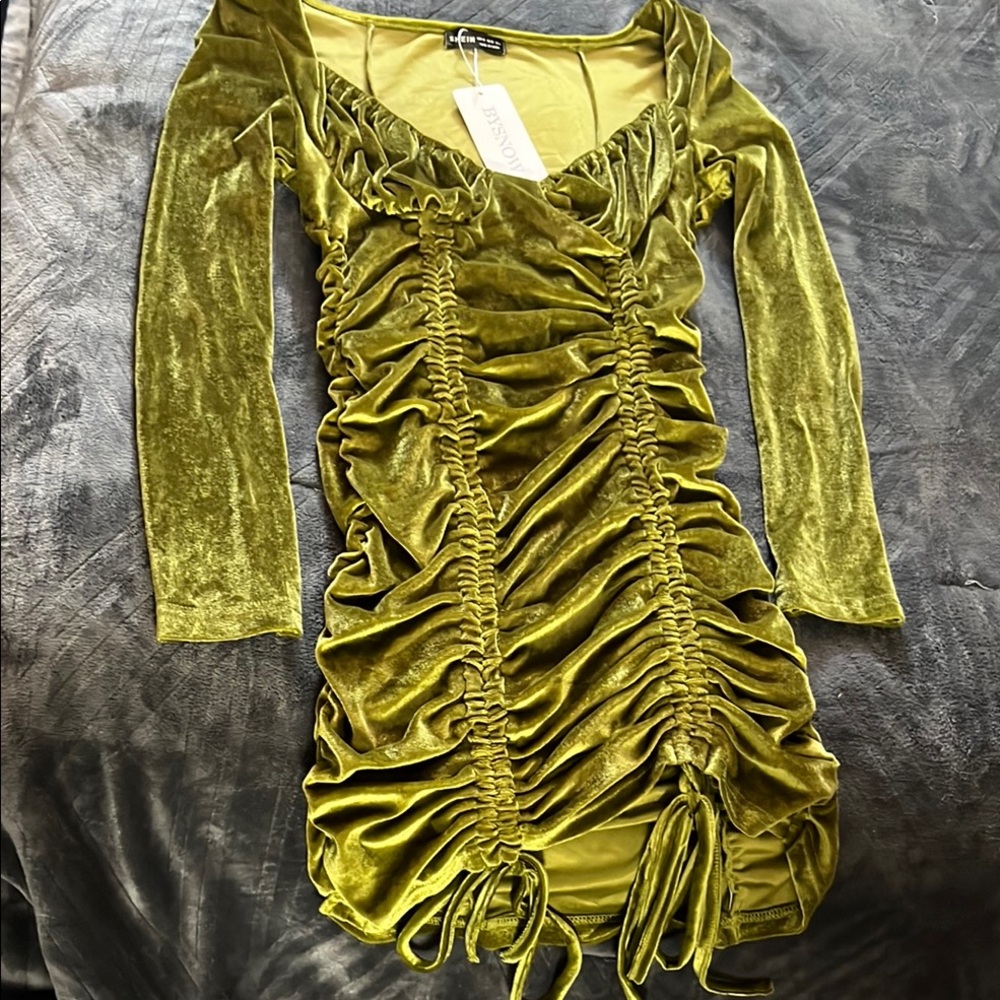 Velvet Ruched Olive Green Dress